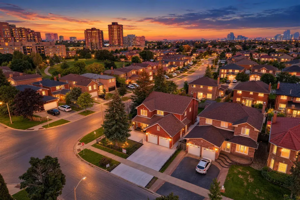 Aerial view of the street at sunset with the city skyline beyond