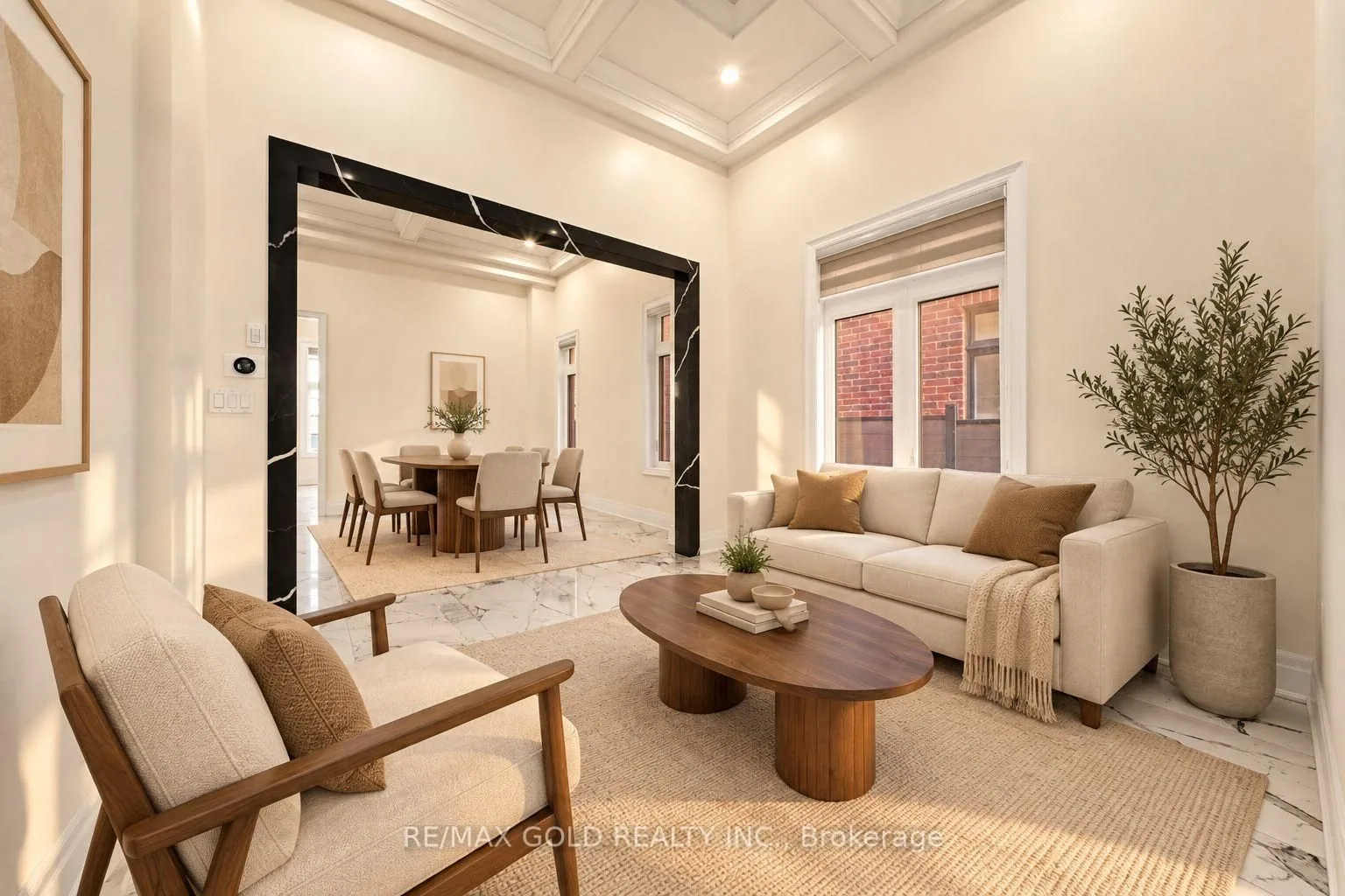 Living room framed by a black marble archway