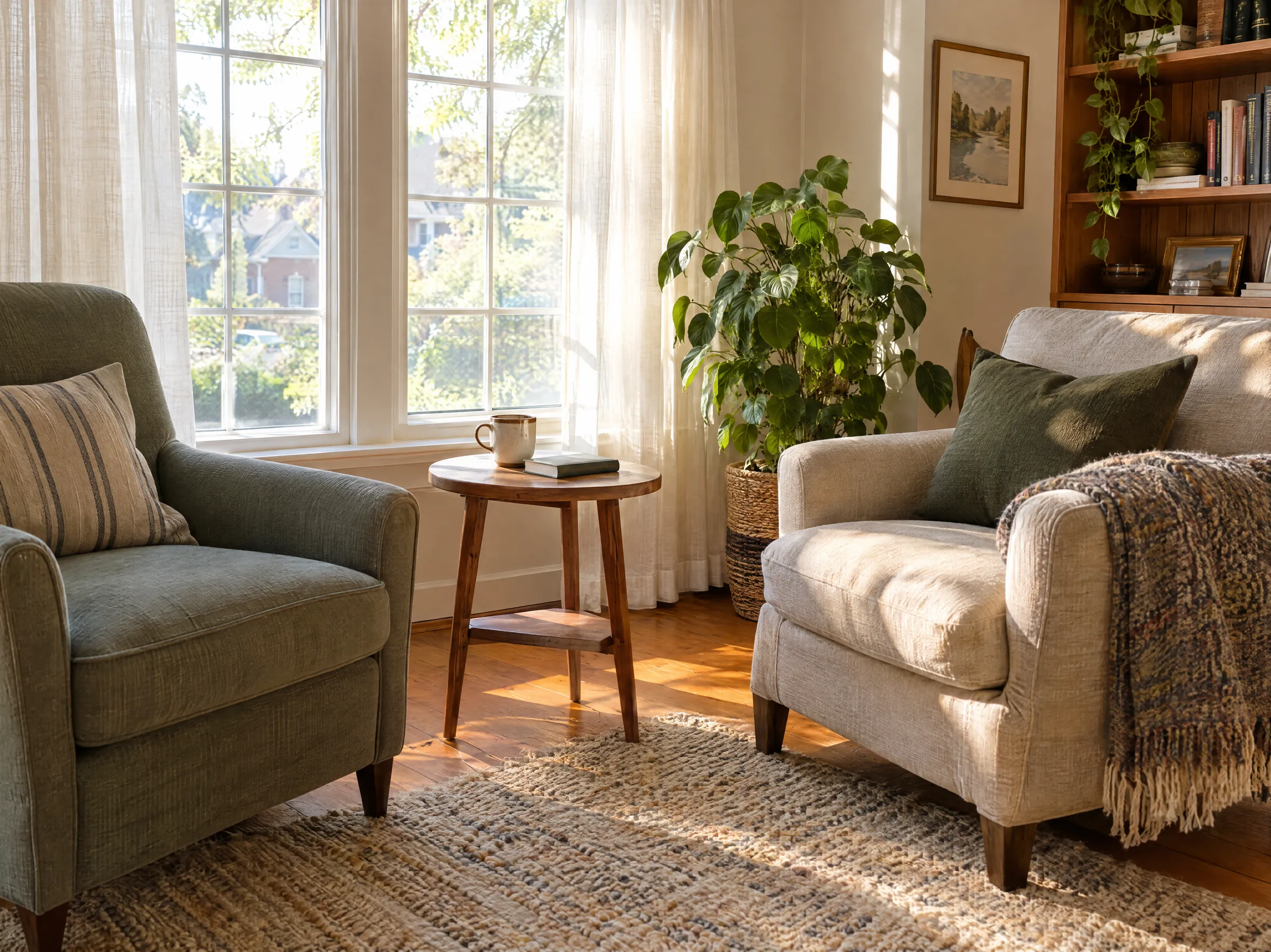 Sunlit reading corner with two armchairs, a side table and a jute rug