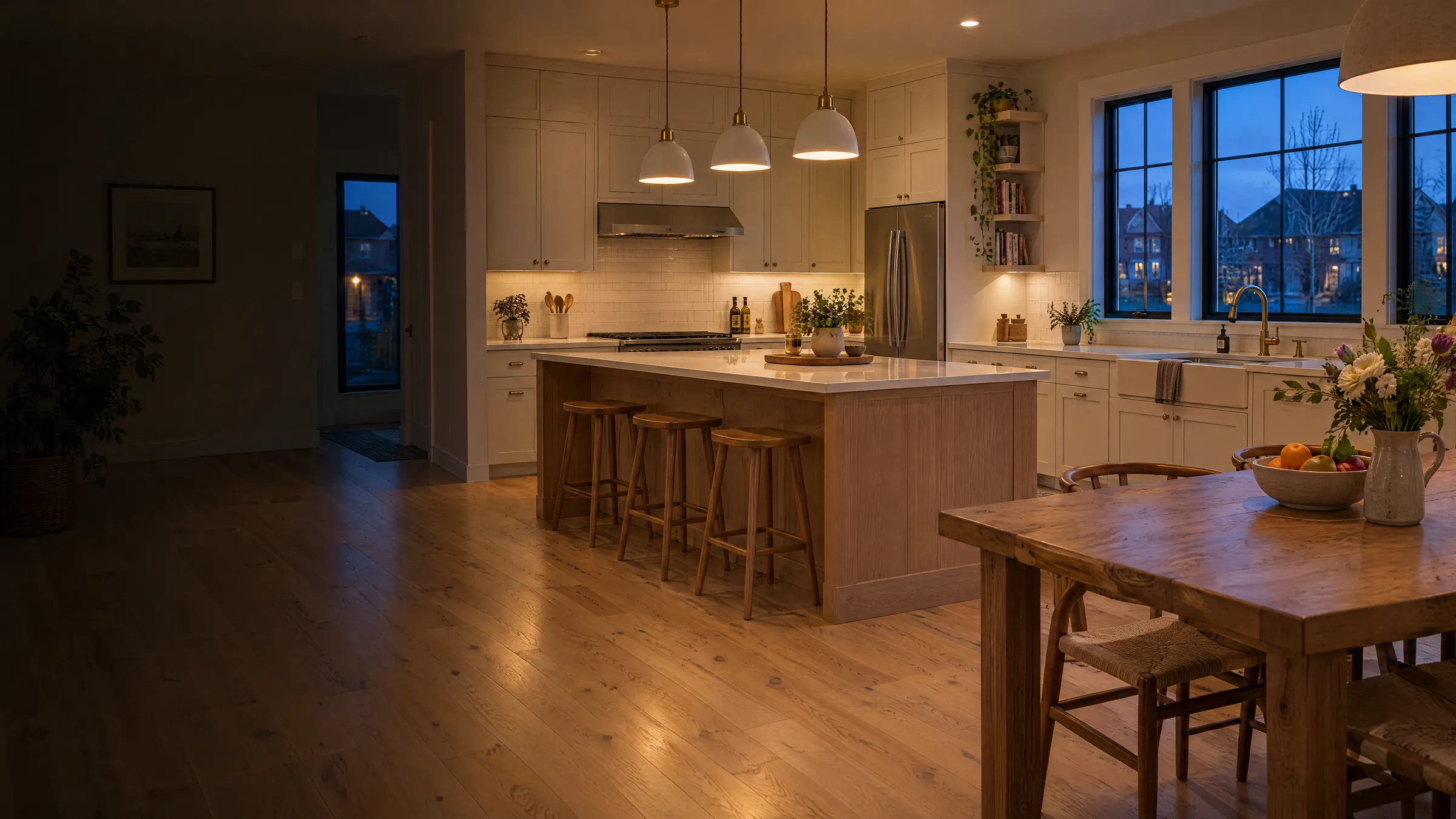 Family kitchen in the evening, with pendant lights over the island and a set dining table